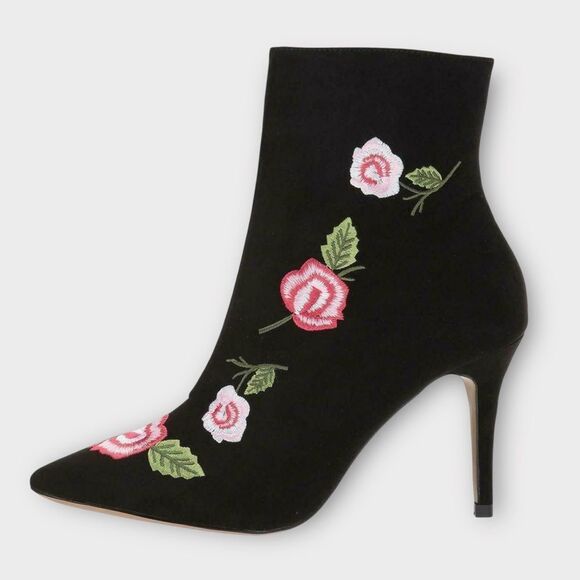 Betsey Johnson Shoes - Betsey Johnson Estelle Black/Pink Rose Embroidered Fabric Pointed Ankle Boot 8.5
